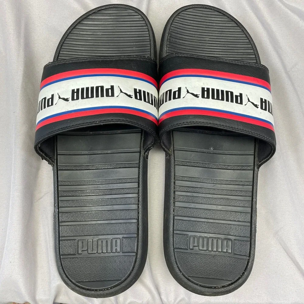 Puma Cool Cat Mens Slides Black‎ Red White Blue Logo Sandals US 11